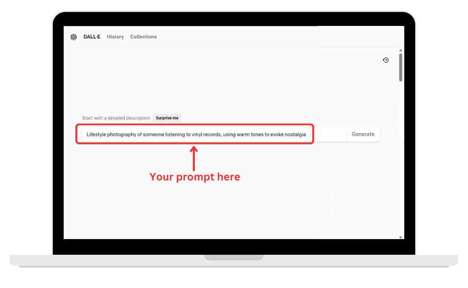 Type in your idea as a prompt and get the image generated by Dall.E