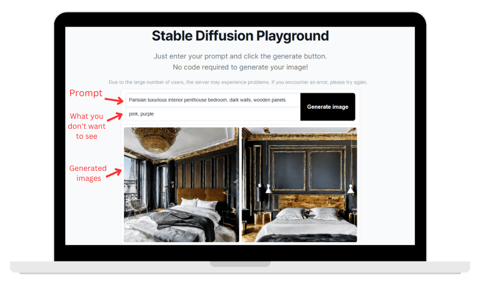 In Stable Diffusion Playground you can enter your prompt as well as negative prompts. Negative prompts tell the tool what not to include in the image.