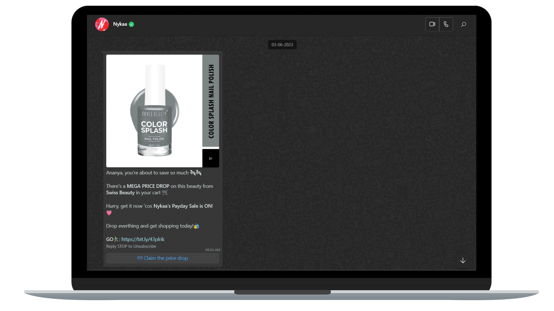 Personalized WhatsApp text from Nykaa which makes customers feel valued.