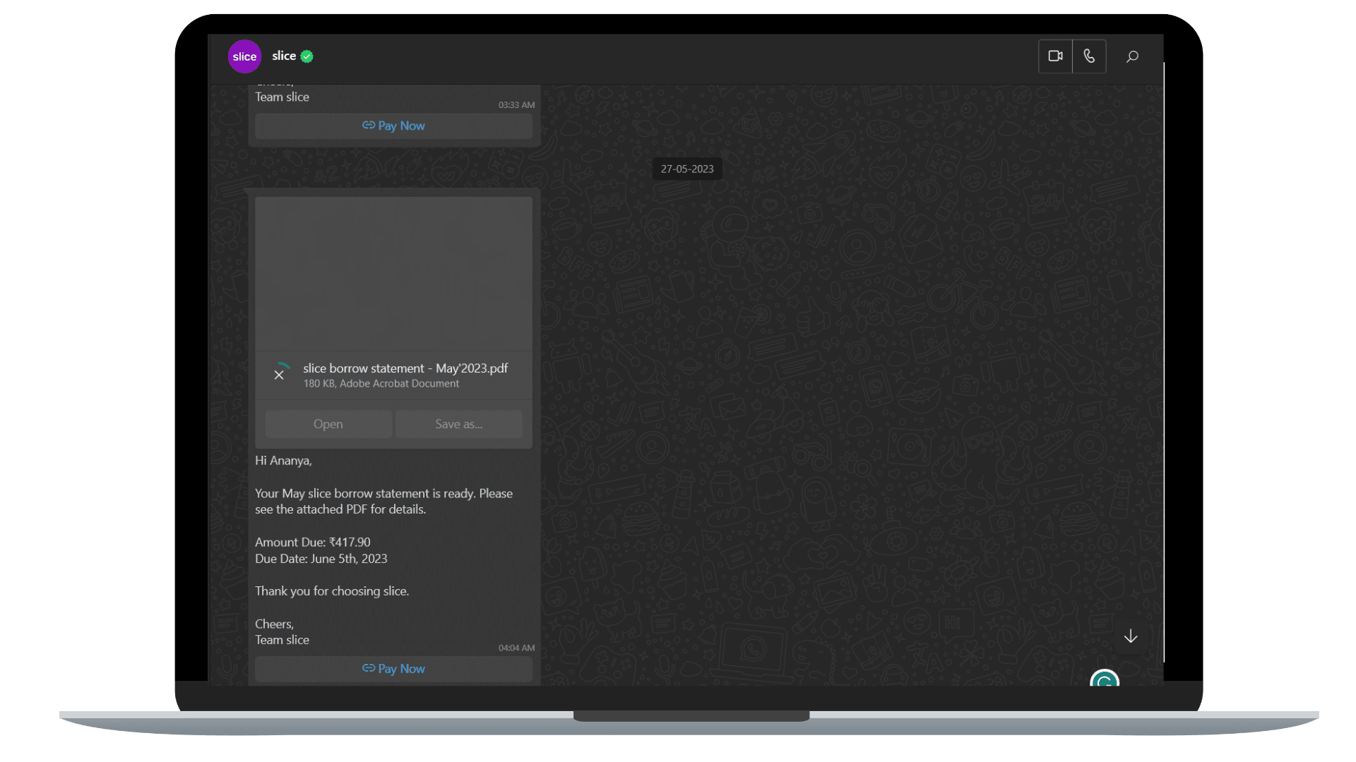 Slice reminds its customers about their payments through WhatsApp.