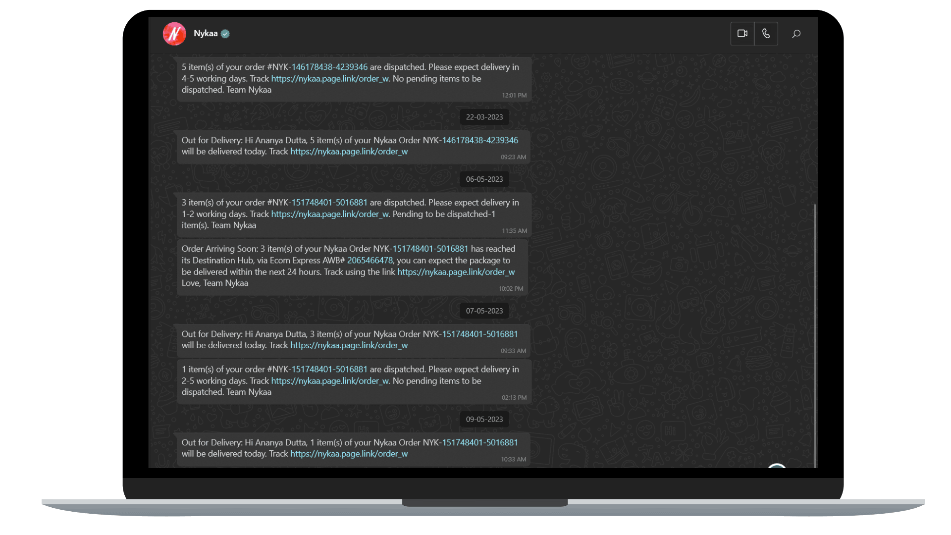 Nykaa updates its customers on shipping and out for delivery through WhatsApp.
