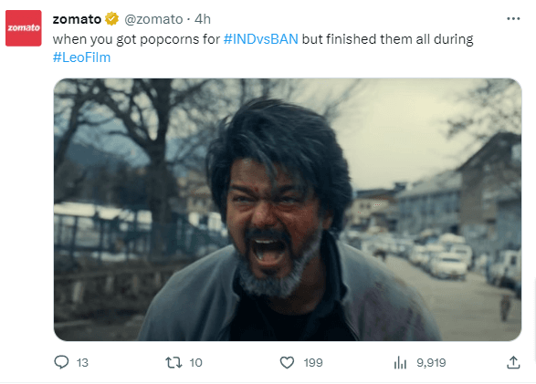 Zomato engages cricket and movie fans on X to relate with Its customers.