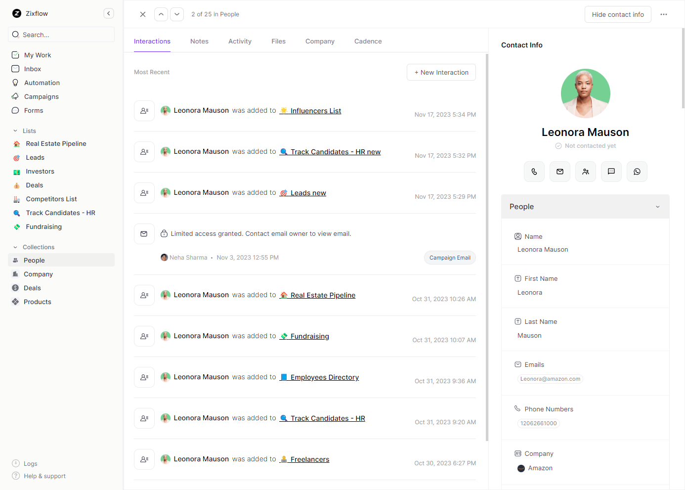 Zixflow gives a holistic view of your contacts with all related information and the option to contact them on different platforms, all with just one click.