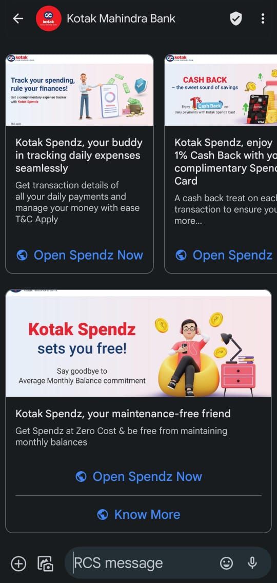 SMS by Kotak Mahindra Bank providing new offers and more.