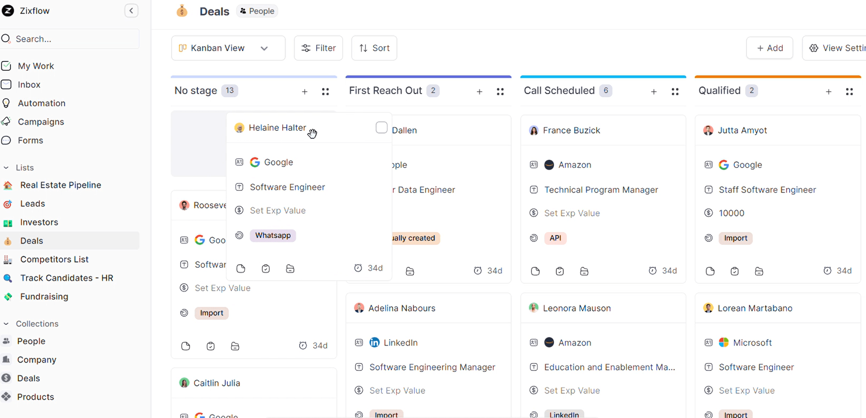 Easily create a drag-and-drop visual pipeline with a single click and use it to track your deals with ease using Zixflow, a sales management CRM.