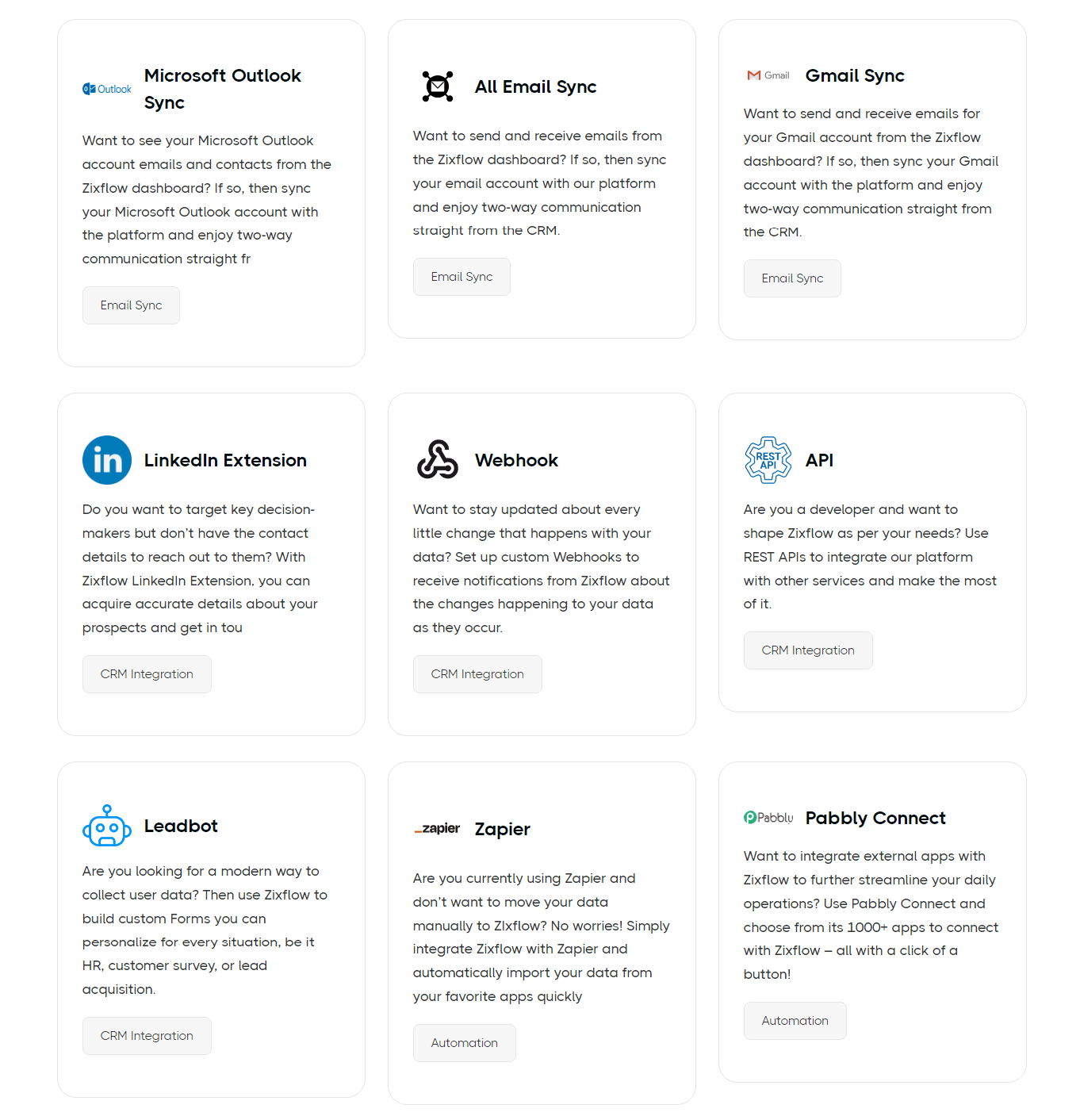 Various integration applications you can integrate with Zixflow.