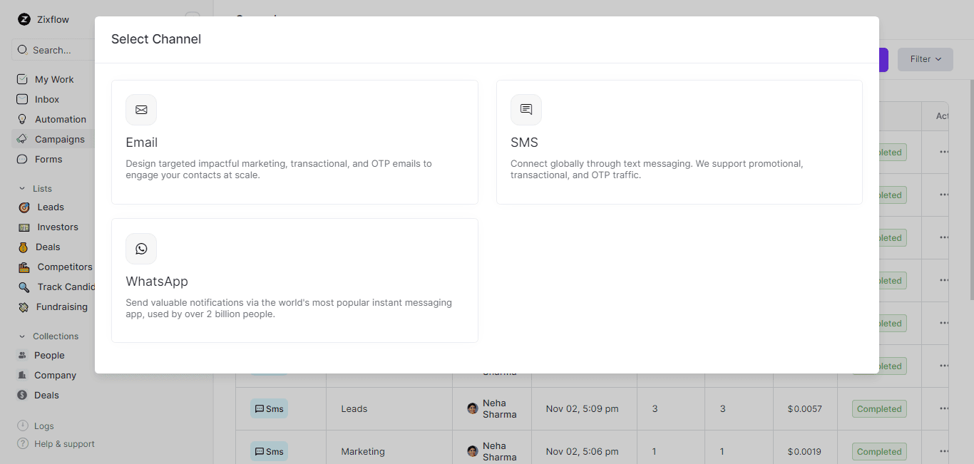 Multi-channel engagement options available on Zixflow.