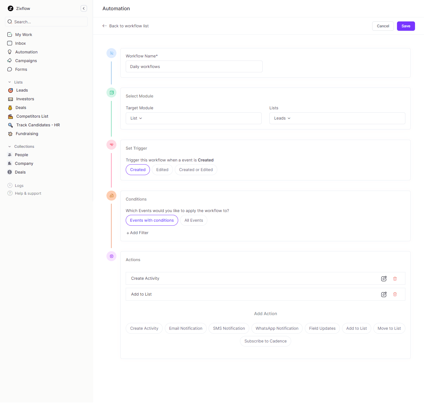 Sales workflow automation feature in Zixflow.