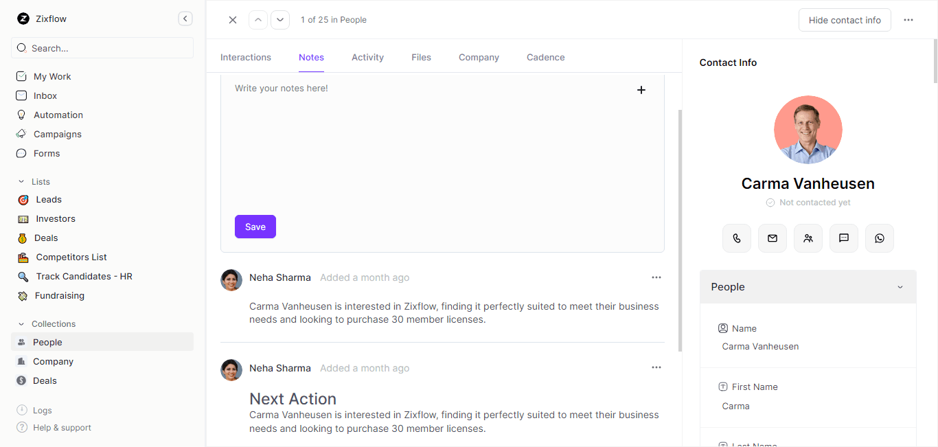 Notes section in Zixflow for keeping track of past conversations and adding relevant sales engagement questions.