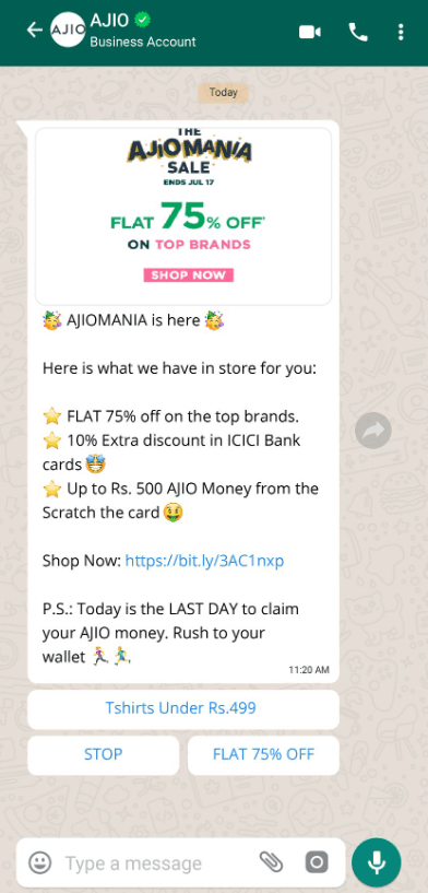 Ajio’s promotional message forwarded to its customer via WhatsApp.