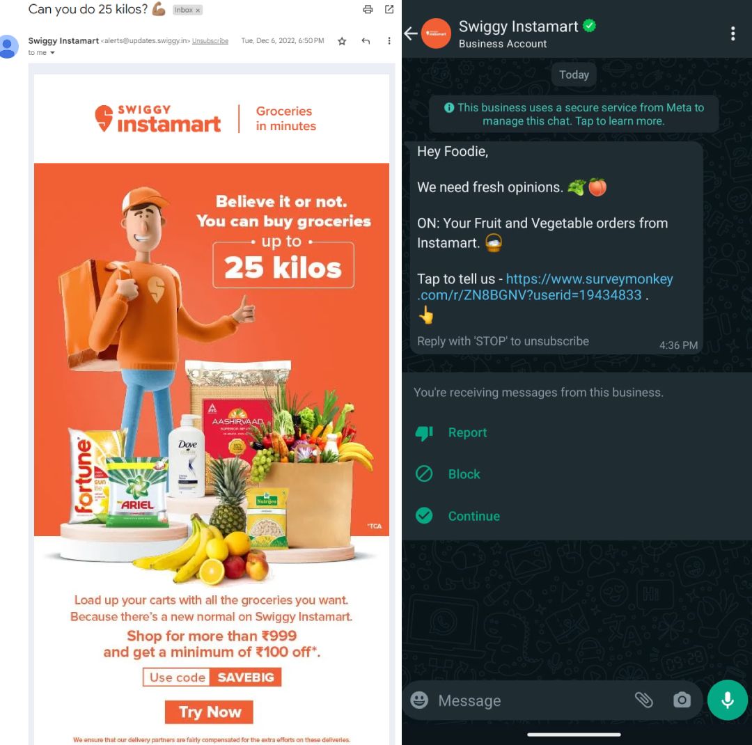 Swiggy Instamart uses multichannel marketing campaigns using sales management CRM and sending marketing emails on platforms like Emails and WhatsApp to engage with their customers.