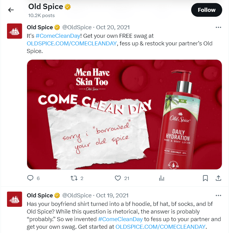 Master the art of creating sales-engaging content for target audiences just like Old Spice. Learn how to catch people's attention in your sales networking with this proven technique. (Source: Twitter)