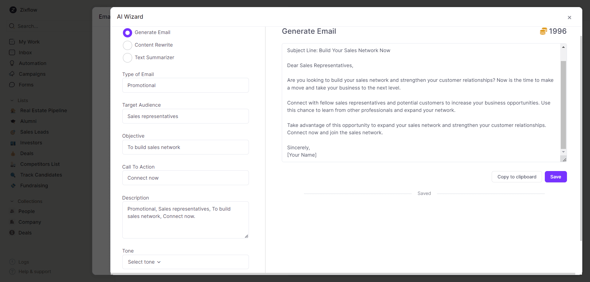 Leverage the benefit from an AI email writer to write personalized content with Zixflow while building a network for sales.