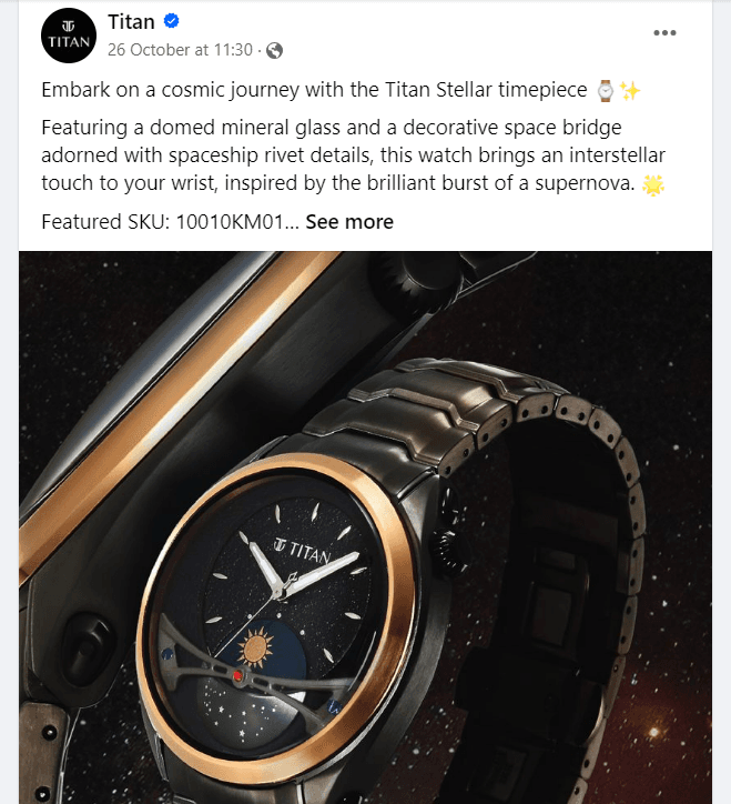 Titan’s engaging post on Facebook to nail its brand awareness with a new product launch. Learn how to set brand awareness as one of the important B2B sales funnel strategies. (Source: Facebook).