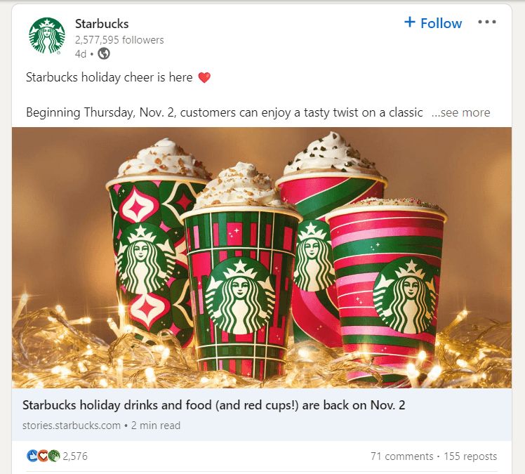 Starbucks catchy posts on LinkedIn to attract its customers with good news and reach high brand awareness. Take this valuable approach to make your online B2B sales funnel. (Source: LinkedIn).