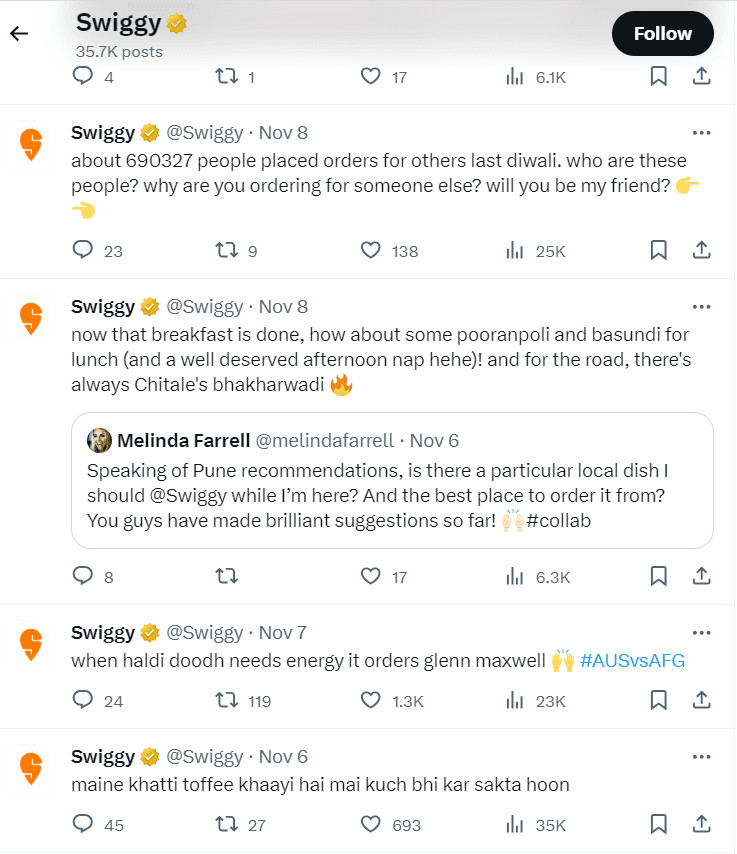 Swiggy always responds to its loyal consumers to engage and give its customers a sense of value. Apply the same approach while crafting a strategic B2 sales funnel for your business. (Source: Twitter).