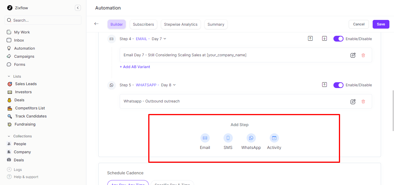 Various steps you can add to the Zixflow sales cadence.