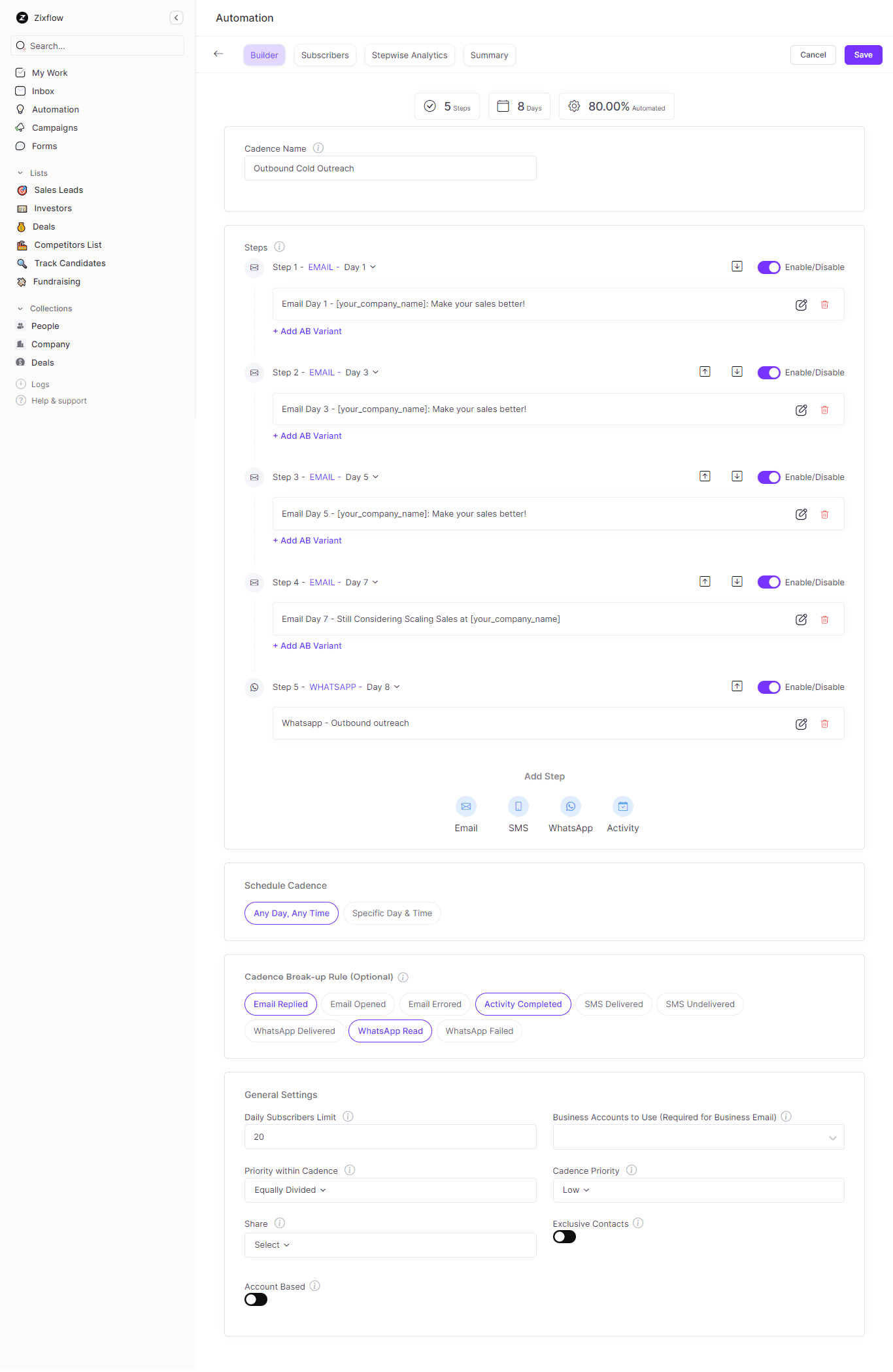 Zixflow’s multi-step outbound sales cadence builder.