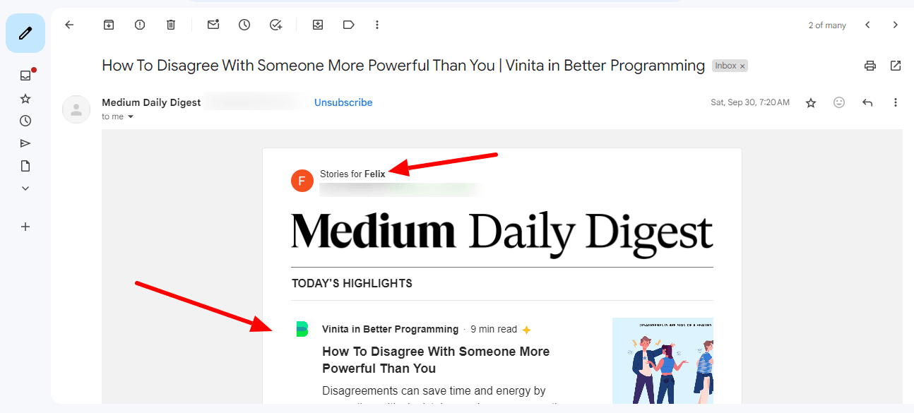 Medium’s personalized email example.