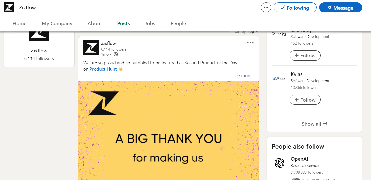 LinkedIn post on Zixflow’s LinkedIn profile to engage with prospects and help offer helpful knowledge.
