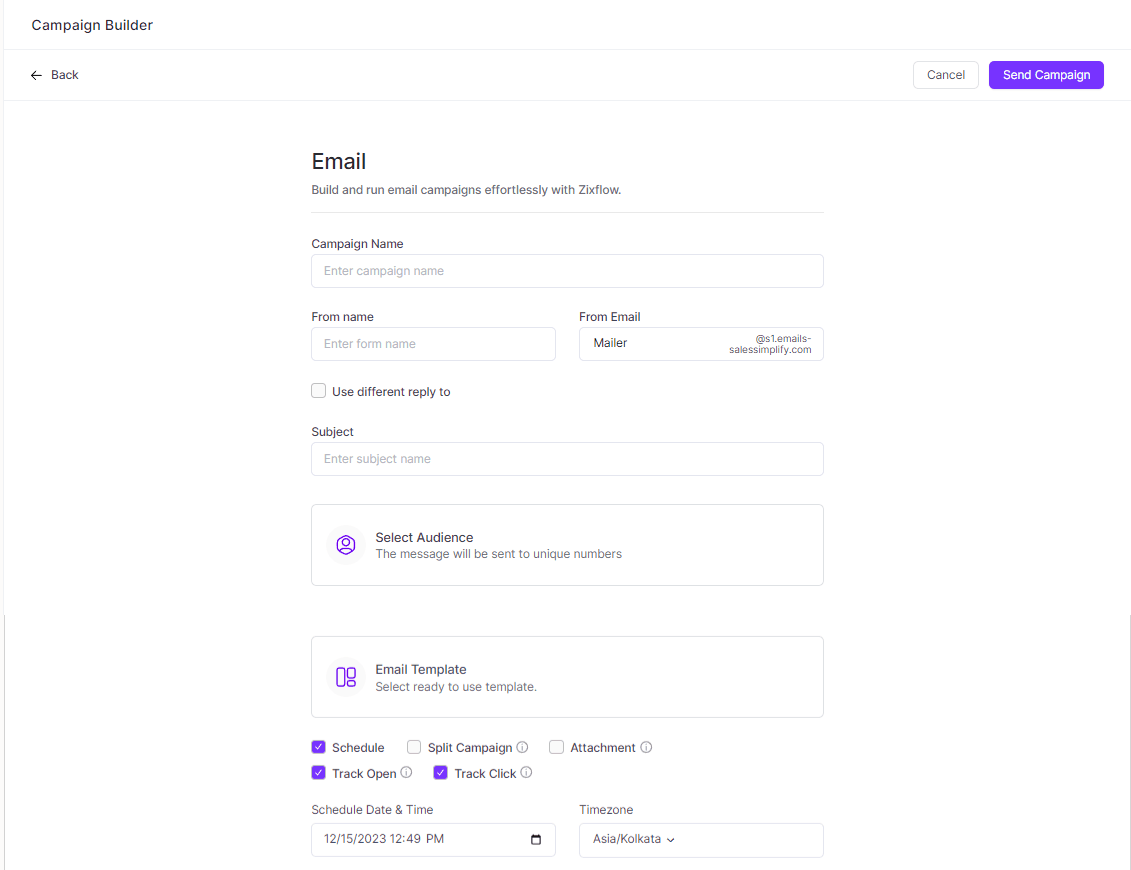 Zixflow allows you to create personalized email campaigns by selecting your audience preferences, and selecting templates.