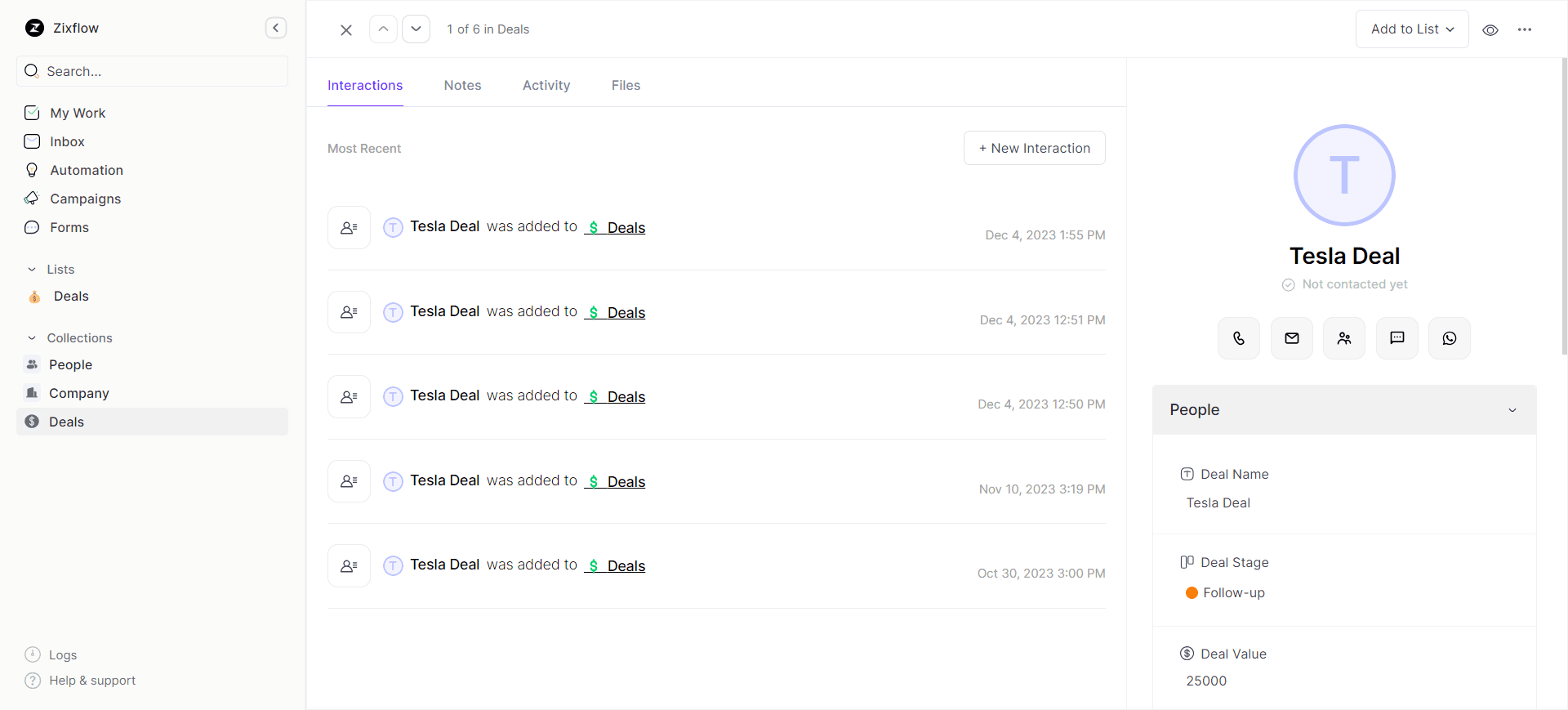 Activity tracker in Zixflow lets you monitor previous interactions with prospects.