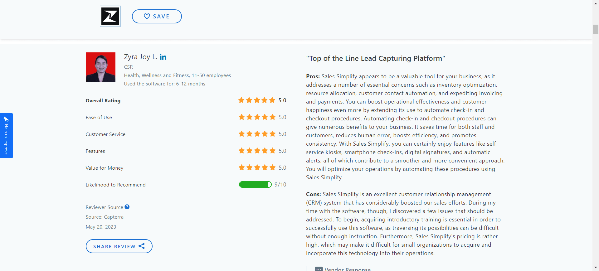 Zixflow’s great customer reviews on Capterra, a software reviews platform
