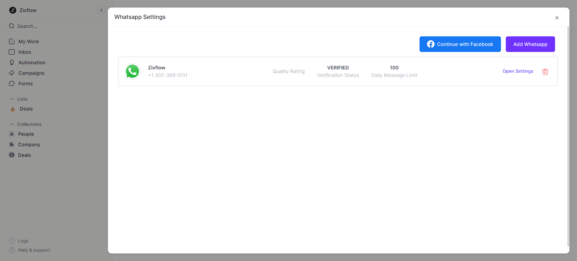 Verified WhatsApp accounts in Zixflow.