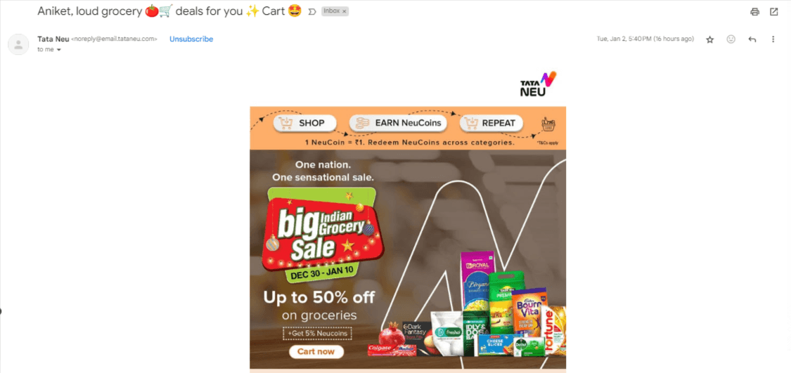 Don’t forget to crack the code of sales follow-ups while utilizing email marketing in your CRM retargeting process to accelerate deal closures just like Tata Neu.