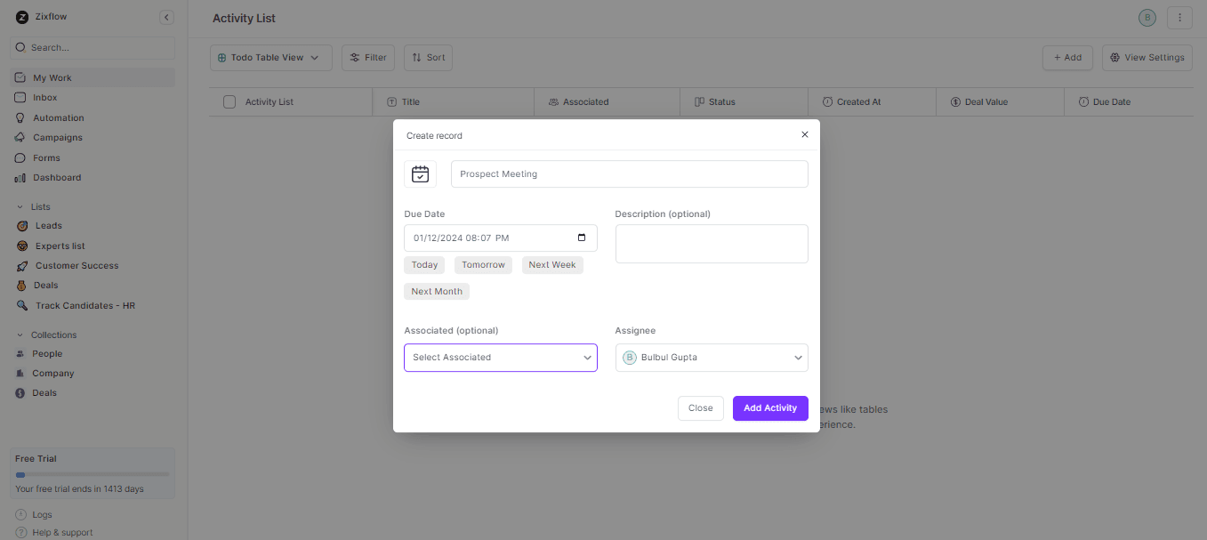 Zixflow allows you to make quick meeting records.