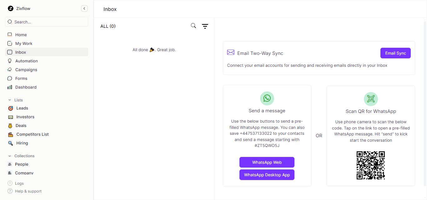 Zixflow’s centralized inbox to manage all your conversations.