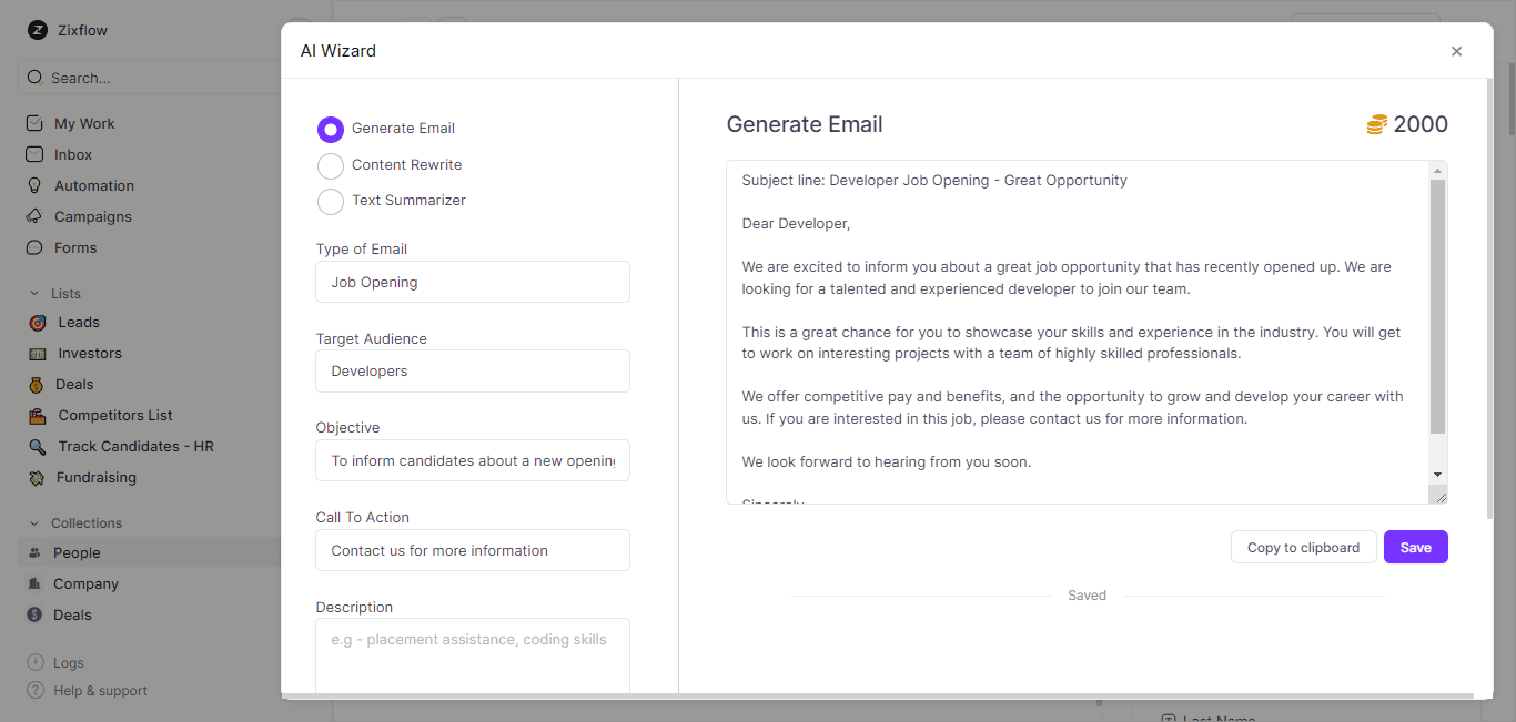 AI Wizard of Zixflow lets you generate personalized emails in a matter of seconds.