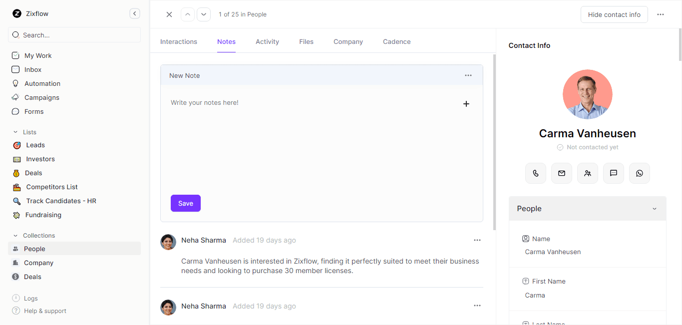 The Notes section in Zixflow to keep track of your prospects interests and preferences.