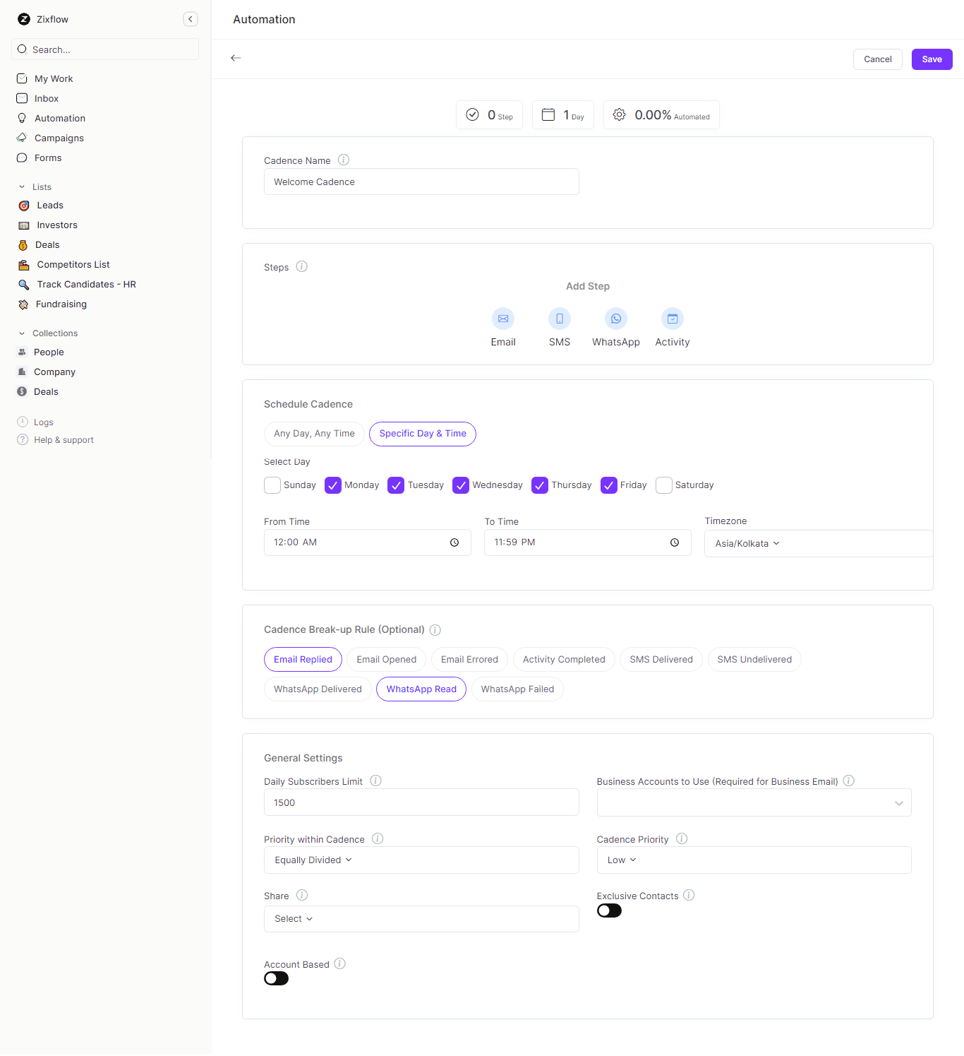 Sales cadences in Zixflow allow you to automate your follow-up process.