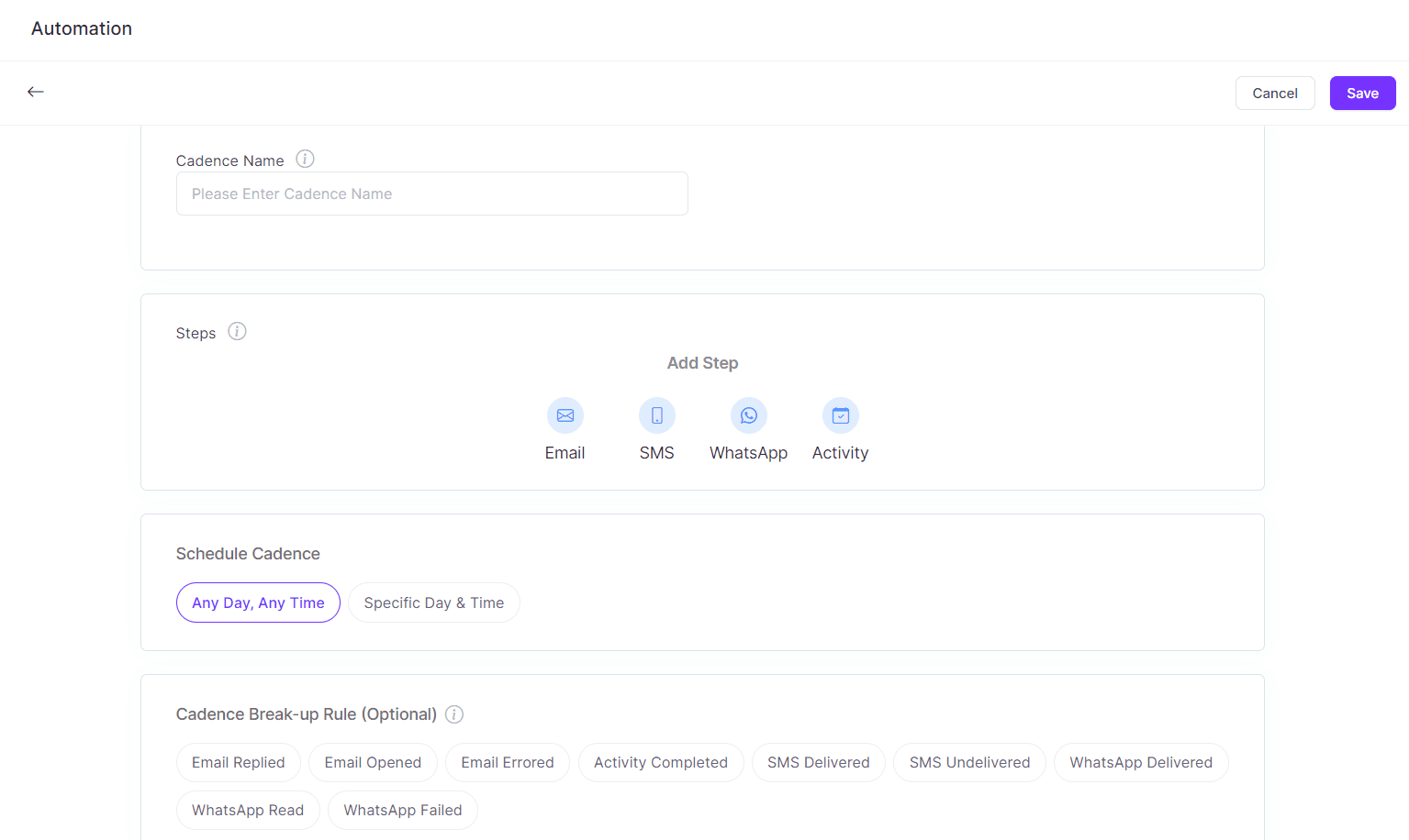 The sales cadence platform of Zixflow lets you create sales cadences to automate your engagement.