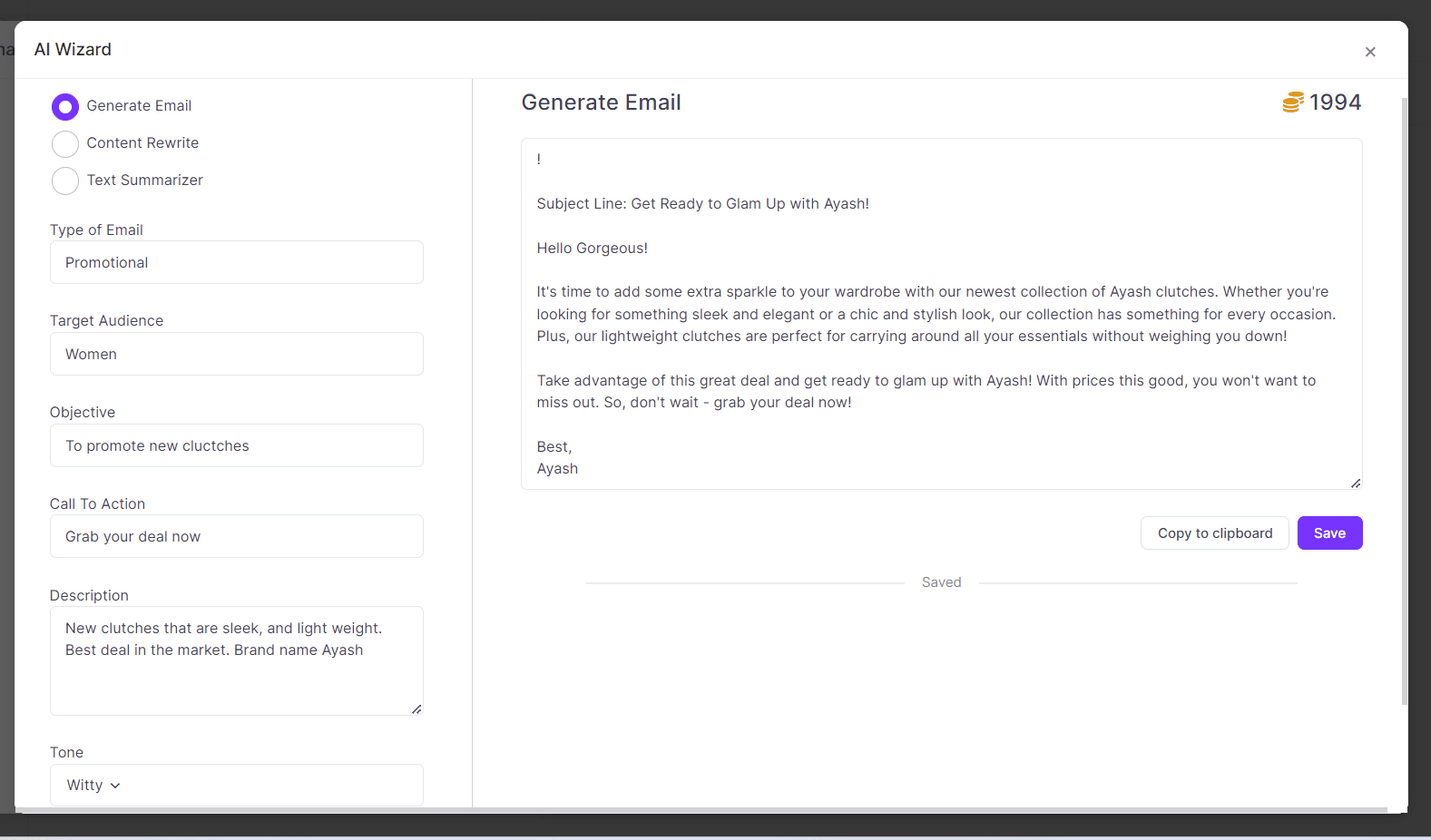 Generating emails by AI Wizard on Zixflow.