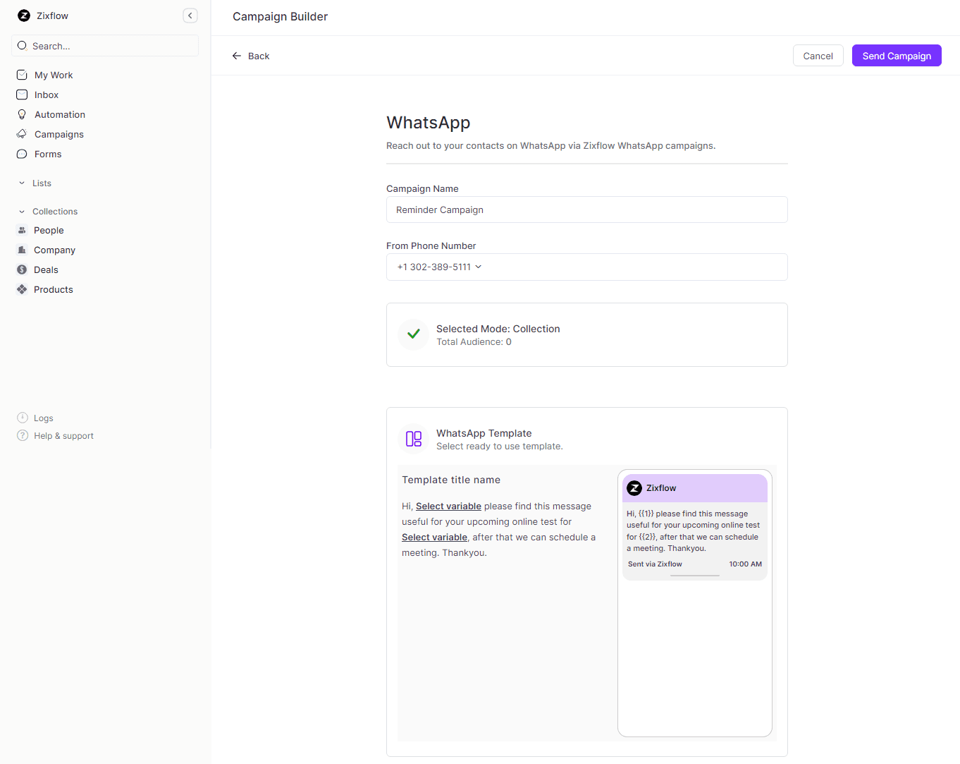 Zixflow’s WhatsApp Campaign Builder for sending personalized WhatsApp messages.