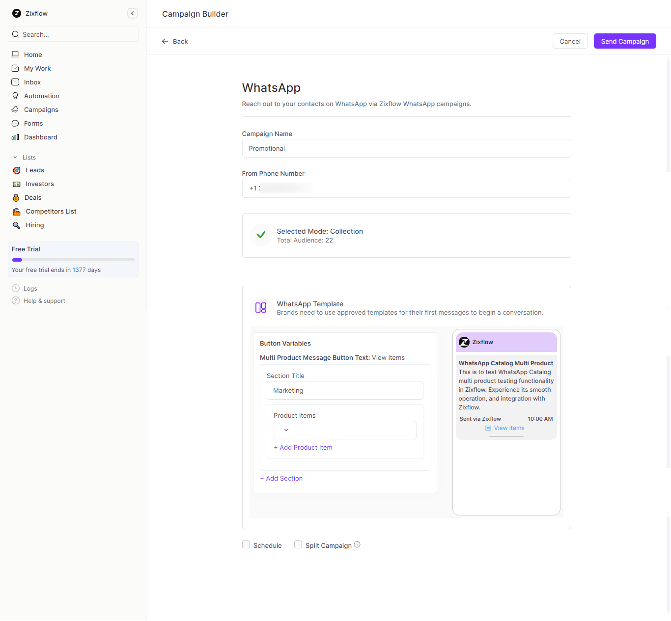 WhatsApp campaign builder of Zixflow.