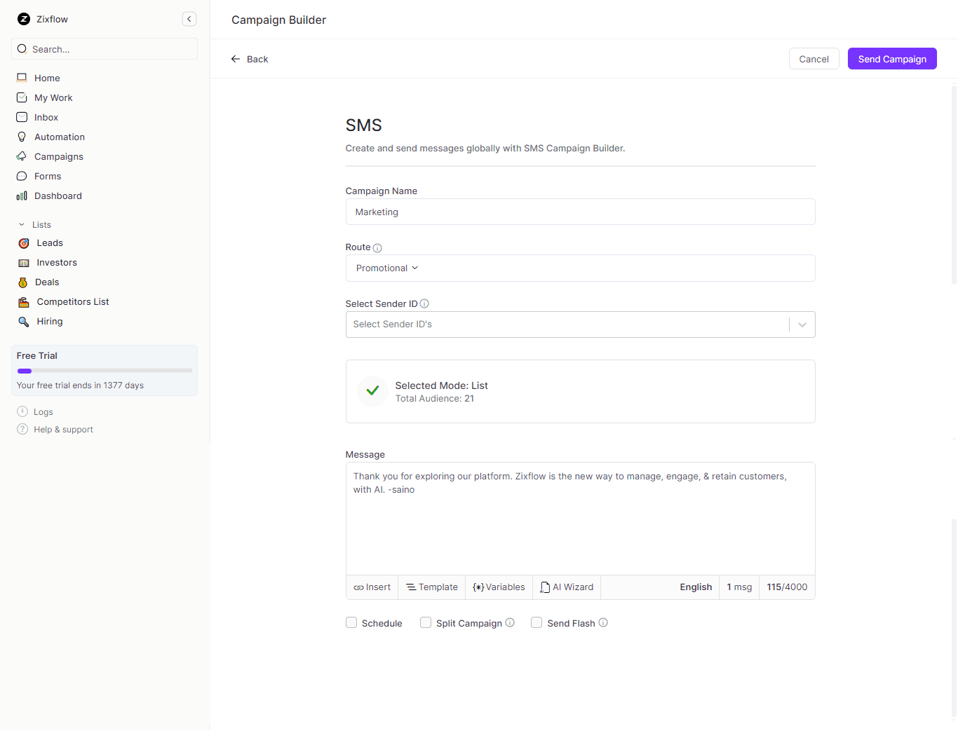 SMS campaign builder of Zixflow.