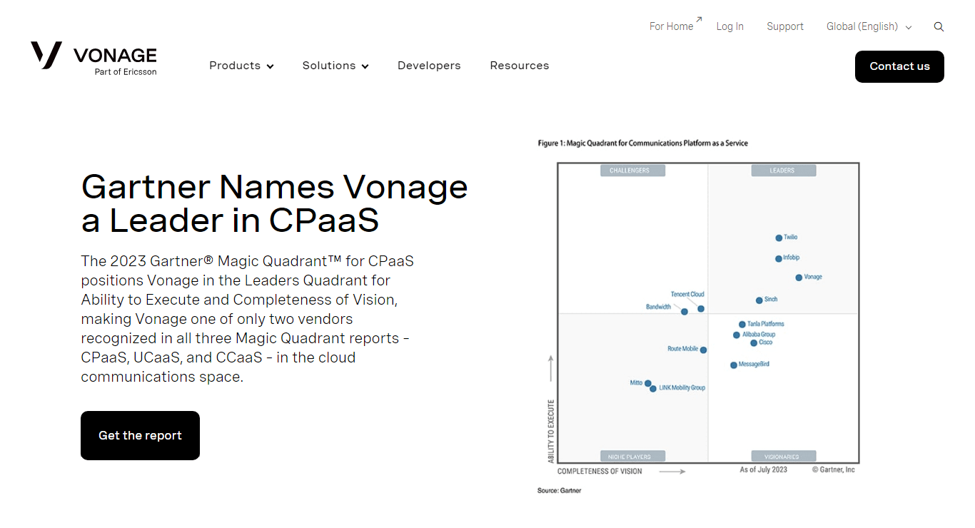 Homepage of Vonage, a leading CPaaS solution.
