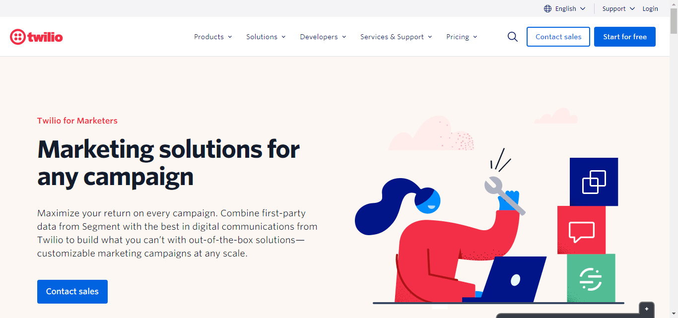 Homepage of Twilio, a flexible MSG91 alternative.