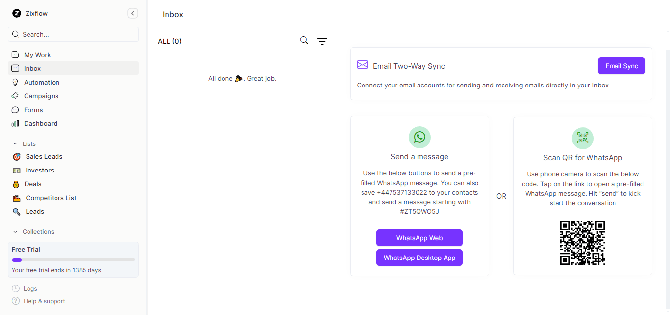 Unified inbox of Zixflow allows you to reply to your incoming messages from a single location.