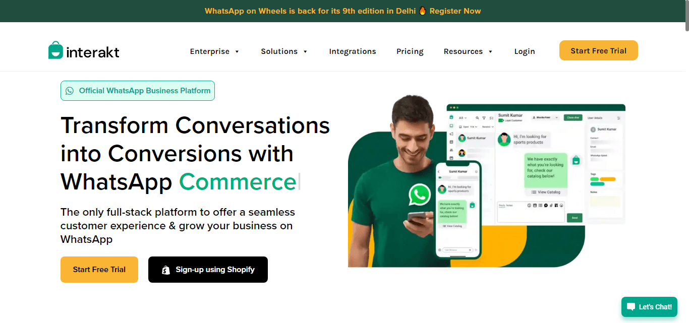 Homepage of Interakt, a conversational WhatsApp marketing platform.