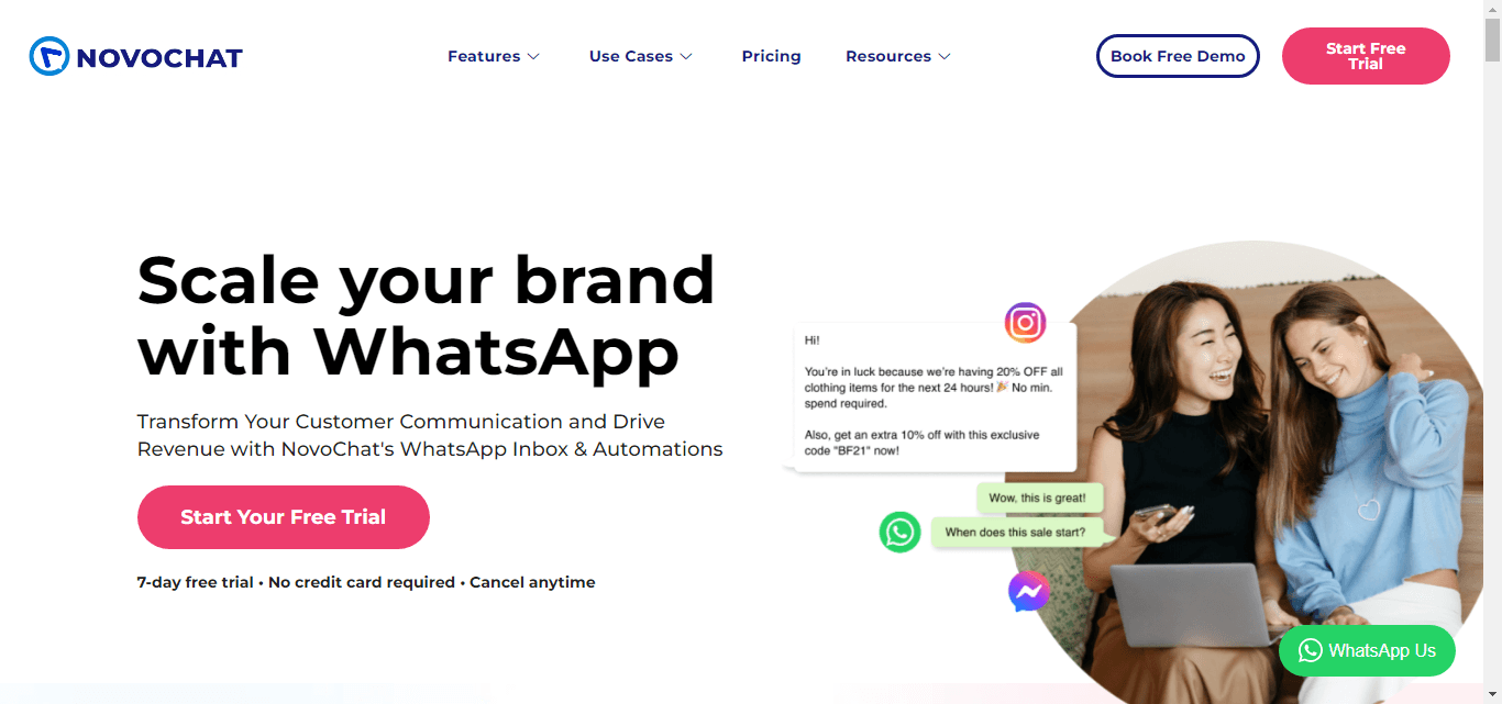 Homepage of NovoChat, an amazing AiSensy alternative.