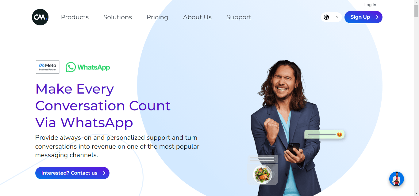 Homepage of CM.com, a WhatsApp conversational platform.