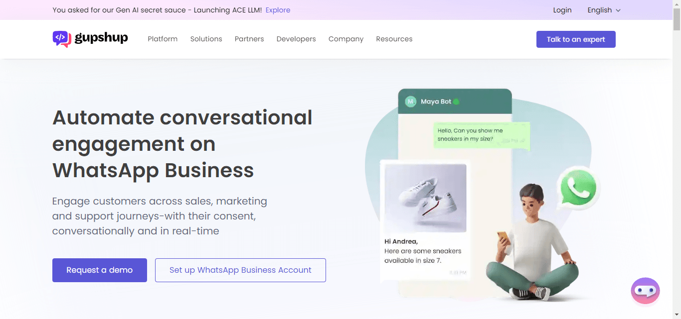 Homepage of Gupshup, one of the best AiSensy alternatives.