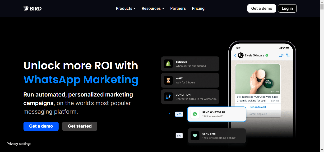 Homepage of Bird, a WhatsApp marketing solution for running automated, and personalized WhatsApp campaigns.