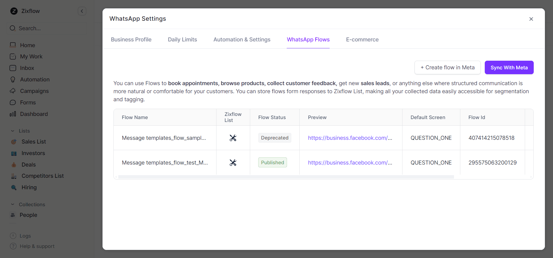 WhatsApp Flow settings in Zixflow to set up custom flows for your WhatsApp marketing.