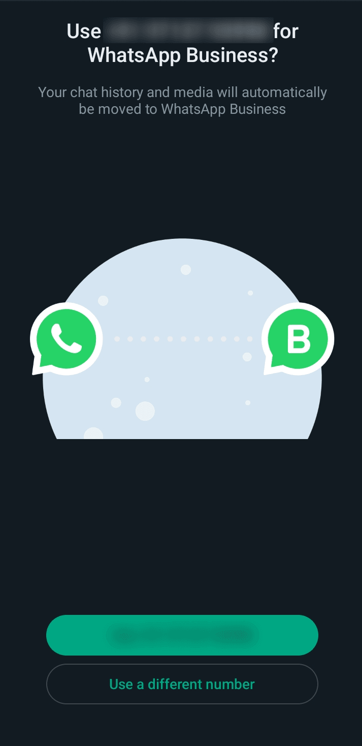 Choose a number screen of the WhatsApp Business App.