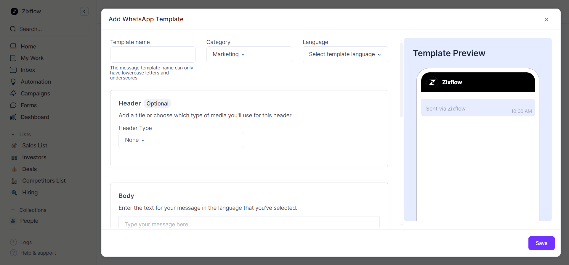 WhatsApp message template builder in Zixflow.